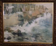 Charles Walter Simpson, watercolour, gulls flying over the shore, 58 x 73cm