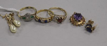 18ct gold emerald and diamond ring, sapphire and diamond ring, an amethyst ring and 2 pairs of