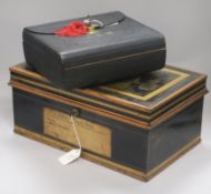 A Bramah-locked writing box and a deed box, writing box 41 x 18 x 26cm