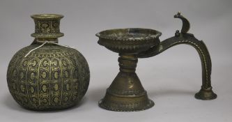 An Indian brass hu'qqa base and an Indian brass lamp base height 15cm