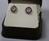 A pair of 1920's style 18ct white gold, ruby, diamond and rock crystal? domed top ear studs.
