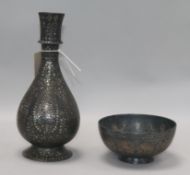 A 19th century Indian Bidri ware bottle vase and a similar bowl vase height 24cm