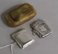 Two silver vesta cases and a 19th century horn snuff box.