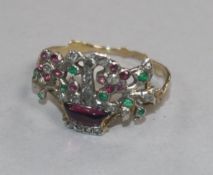An antique yellow metal, diamond and gem set coronet ring, size J.
