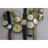 Eight assorted gentleman's wrist watches including Avia, Majex and early 20th century silver and a