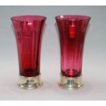 A pair of modern cranberry glass spill vases with silver bases, by J.A. Campbell, London, 2000,