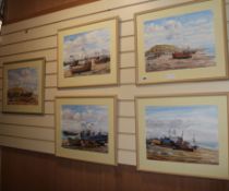Chris Adams, a set of five watercolours, beached fishing boats, 30 x 40cm