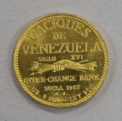 A Venezuelan Urimare Indian Chieftain Caiques proof gold token, 1957, 6g,