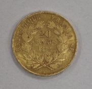 A French 20 Franc gold coin, 1852A, Louis Napoleon Bonaparte (Barre), wreath to reverse, 6.45g, GVF