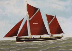 T. Saunders, two oils on card, studies of a sailing smack and steam drifter, 31 x 43cm and a pair of