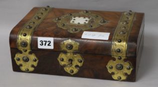 A Victorian engraved brass bound walnut jewellery box and minor sundry jewellery