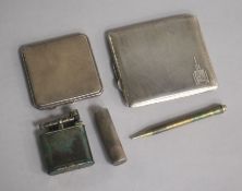 Two silver cigarette cases, a silver lipstick holder, a Dunhill lighter and a pencil.