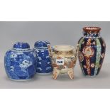 Two Chinese blue and white jars and two Japanese jars tallest 21cm