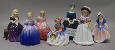 Seven Royal Doulton figurines: Marie HN1370 Sharon HN3047 Monica HN1467 Affection HN2236 Dinky Do