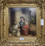 W. Cole, oil on board, mother, child and dogs in a cottage doorway, signed, 26 x 25cm