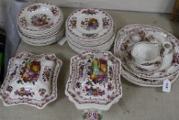 A Masons Ironstone pink Fruit Basket pattern part dinner service, comprising a soup tureen and
