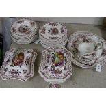 A Masons Ironstone pink Fruit Basket pattern part dinner service, comprising a soup tureen and