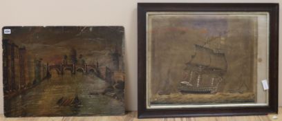 19th century English School, watercolour, naive study of a frigate at sea, 45 x 56cm and an oil on