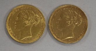 Two Victoria gold sovereigns, young head, 1878, VF and 1884, GF 15.95g gross