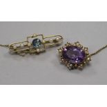 An Edwardian 15ct gold and gem set bar brooch and an Edwardian 9ct gold, amethyst and split pearl