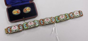 A gilt metal and micro mosaic bracelet and a cased pair of similar ear clips.