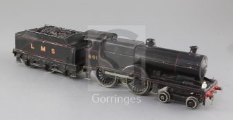 A Bassett-Lowke O gauge 4-4-0 LMS locomotive and tender, number 601, black livery, 3 rail, overall
