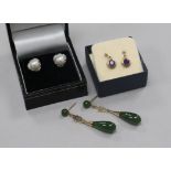Three pairs of earrings including cultured pearl and diamond and jadeite.