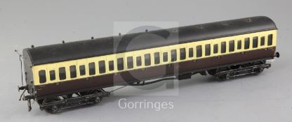 A scratchbuilt GWR Suburban coach, no. 1385, in chocolate and cream