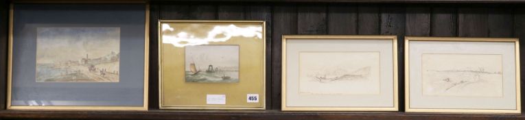 Two mid 19th century pen and ink Views of Preston and Shoreham, 11.5 x 22cm and two local prints