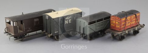 A NE flat truck 20T, no.27312, with LNER container load BLS297, a NE meat van, no.1906, in grey a