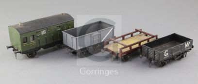 A GW open wagon, no.92007, in grey, a mineral wagon, no.B70134, in grey, an LMS flat wagon, no.