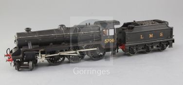 A scratch built O gauge LMS "Black 5" 4-6-0 tender locomotive, number 5706, black livery, 3 rail,