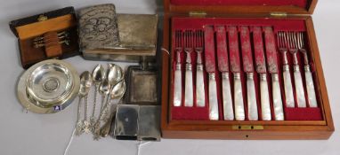 A silver cigarette box and sundry silver items, including an Asahi 950 sterling matchbox cover and