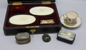A 19th Century Staghorn cameo snuff box, 3 other boxes and cased Ivory brushes