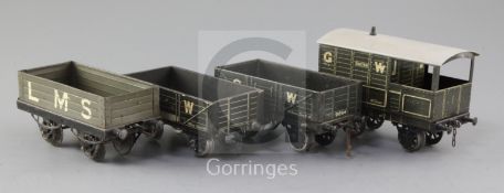 A set of four: GWR Guards van, by Bassett Lowke, No 35642, GWR 5 plank open wagon by Bassett
