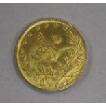 A Turkish 100 Kurush gold coin, 1912, (AH 1327), Sultan Mehmet V (1901-1918), 7.2g