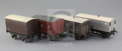 A set of four: LMS box van, 12 ton by Bassett Lowke, No 91375, GWR guards van No114756, SR guards