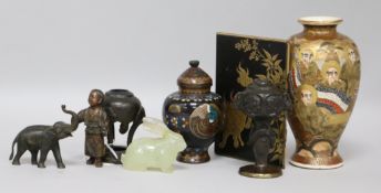 A Japanese Lazquer panel, small bronzes and a Cloisonne Jar etc