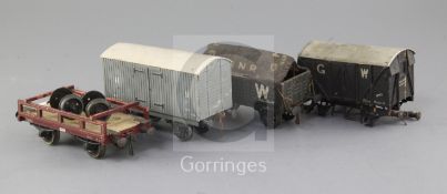 An LMS vehicle transporter wagon, no.7960, an HR box van no.213642, in grey, a GW box van, no.