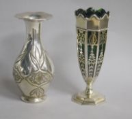 An Edwardian pierced silver spill vase, Goldsmiths & Silversmiths Co Ltd, London, 1909, with green