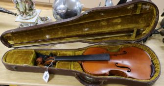 A Breton Brevet full size violin, late 19th century one piece back with case and bow L.59cm