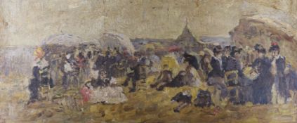 French School, oil, beach scene, 20 x 41cm, unframed.