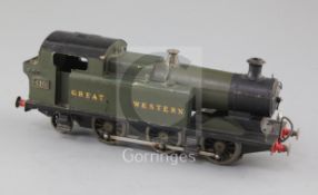 A scratch built GWR Prairie O gauge 0-6-2 locomotive, green livery, number 410, 3 rail and skate,