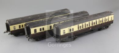 A set of three GWR corridor coaches, no's.1234, 3456 and 2349, in chocolate and cream, 1 or 3 rail