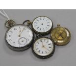 An 18ct gold fob watch, two other fob watches and a pocket watch.