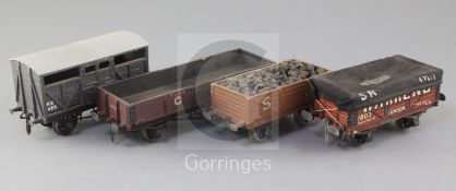 A CR 5 plank open wagon 15T, no.542, an NE cattle truck, no.456, a covered wagon 'Warrens' 6.19T ,