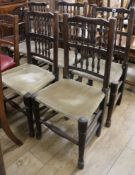 A Harlequin set of five Lancashire spindle-back dining chairs, now with padded seats
