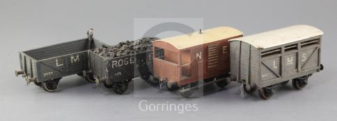 A NE guards van, no.25742, in brown, an LMS open wagon, no.46217, in grey, a Rose Smith open