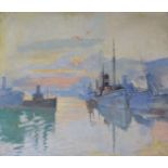 English School c.1900, oil on canvas board, shipping in harbour, 30 x 34cm