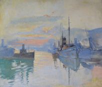 English School c.1900, oil on canvas board, shipping in harbour, 30 x 34cm